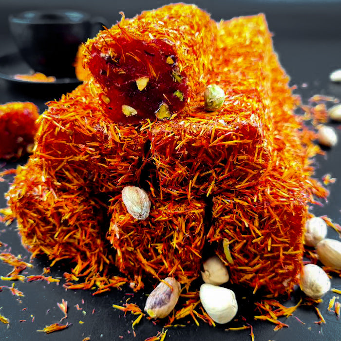 Granātābolu lukums ar meksikāņu šafrānu un pistācijām