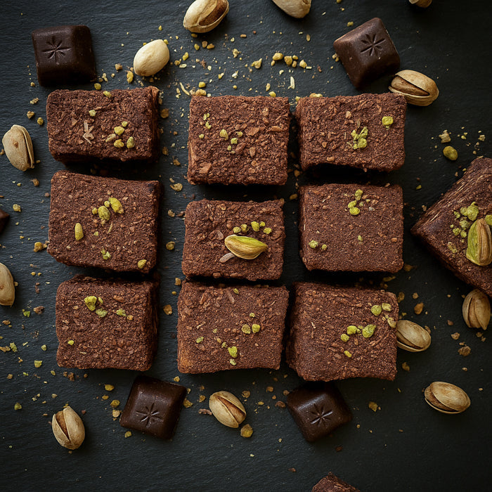 Lukuma tortīte ar šokolādi, vaniļu un pistācijām