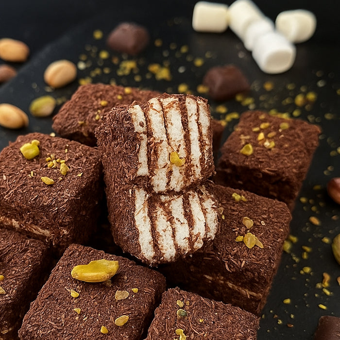 Lukuma tortīte ar šokolādi, vaniļu un pistācijām