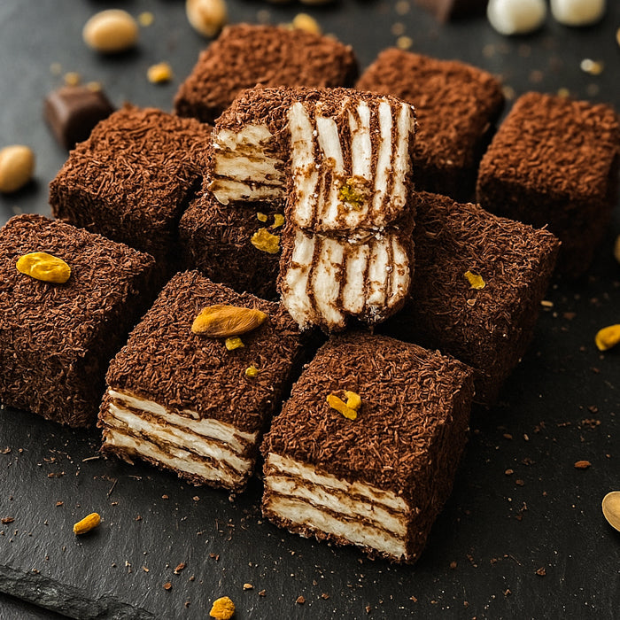 Lukuma tortīte ar šokolādi, vaniļu un pistācijām