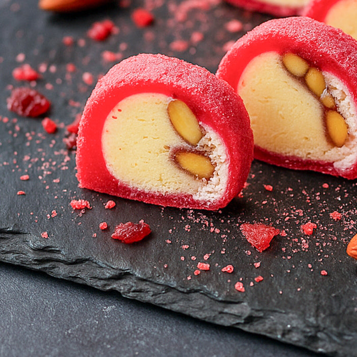 Lukums ar lazdu riekstu krēmu, mandelēm un aveņu pastilu