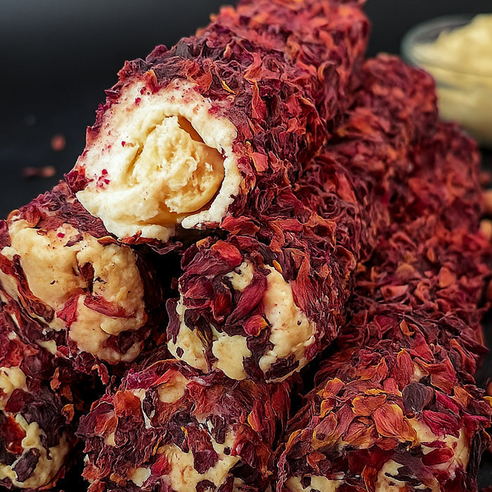 Piena lukums ar rožu lapām, riekstu krēmu un lazdu riekstu pildījumu