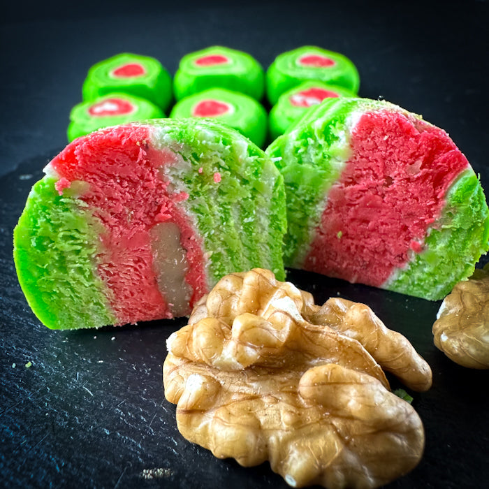 Samarkandas halvas rullīši ar aveņu-piparmētru garšu un valriekstiem